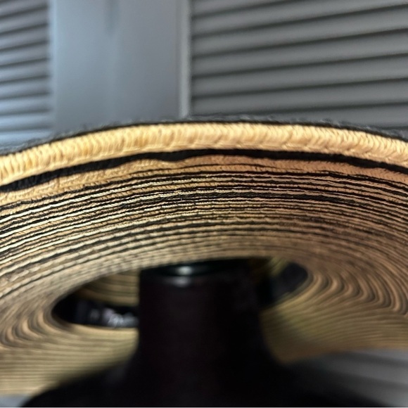 Papillon Extra Wide Brim Striped Sun Hat in Black and Tan, 100% Paper, OS - Picture 12 of 16